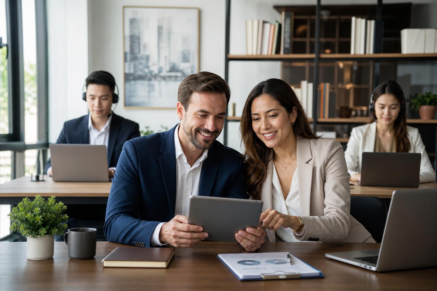 Founder couple reviewing their business together while their team of professional Filipino executive assistants works behind them